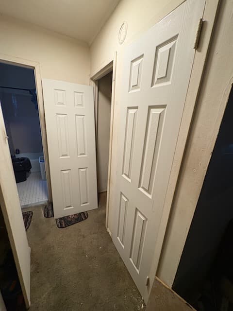 After: the new bathroom door and trim in semi-gloss white